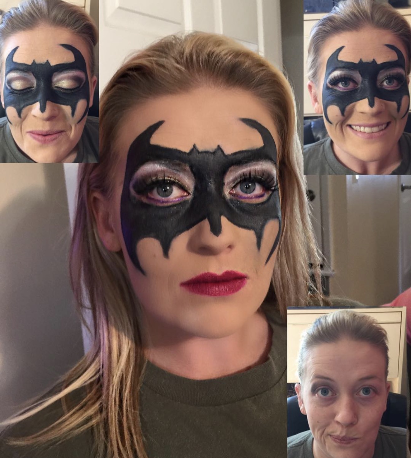 Woman with Batman face paint, red lipstick, and blonde hair, smiling in a room, with smaller images of her face painted as Batman.