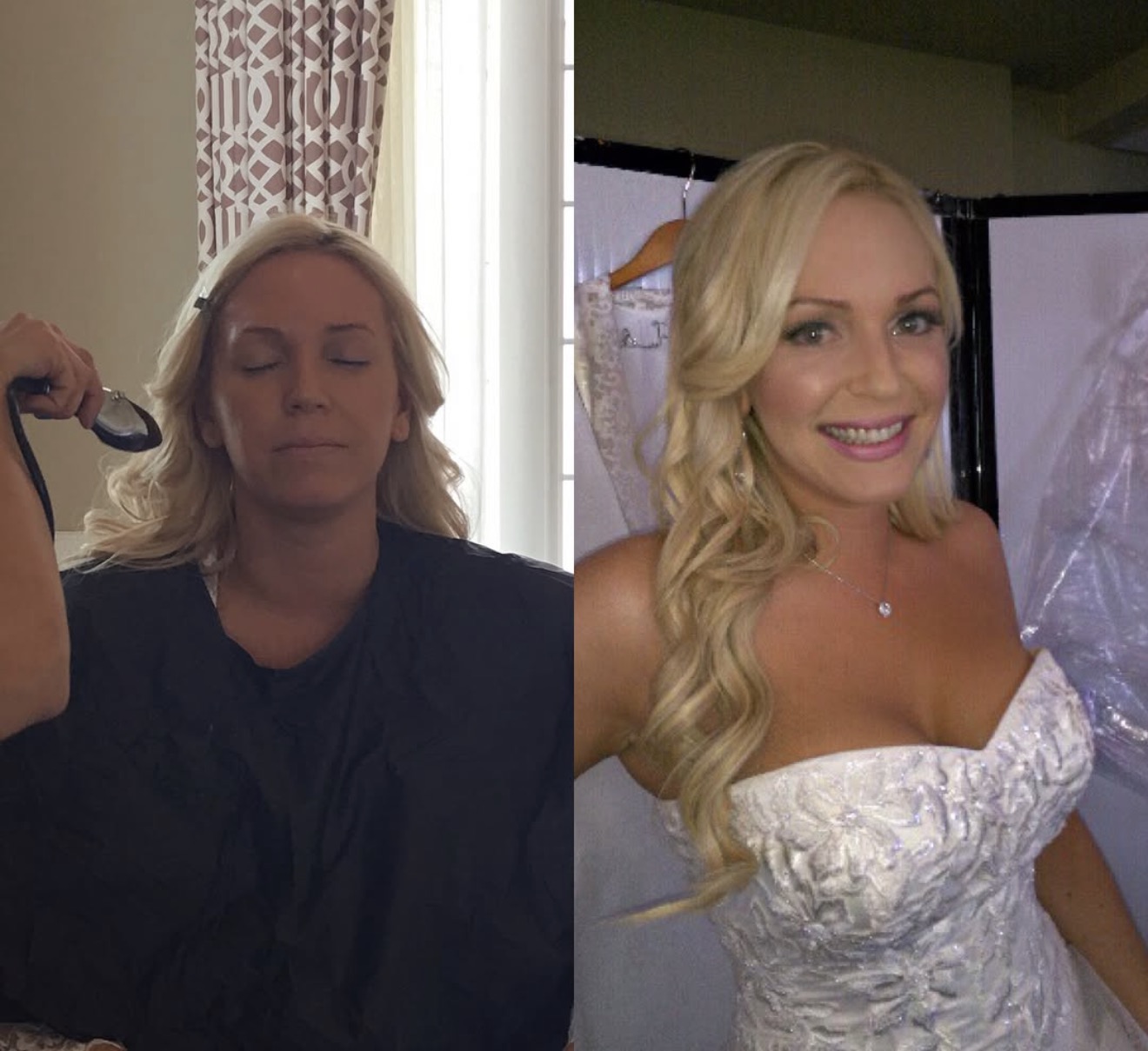 Side-by-side images of a woman before and after makeup and styling, smiling in the second image, wearing a white dress.
