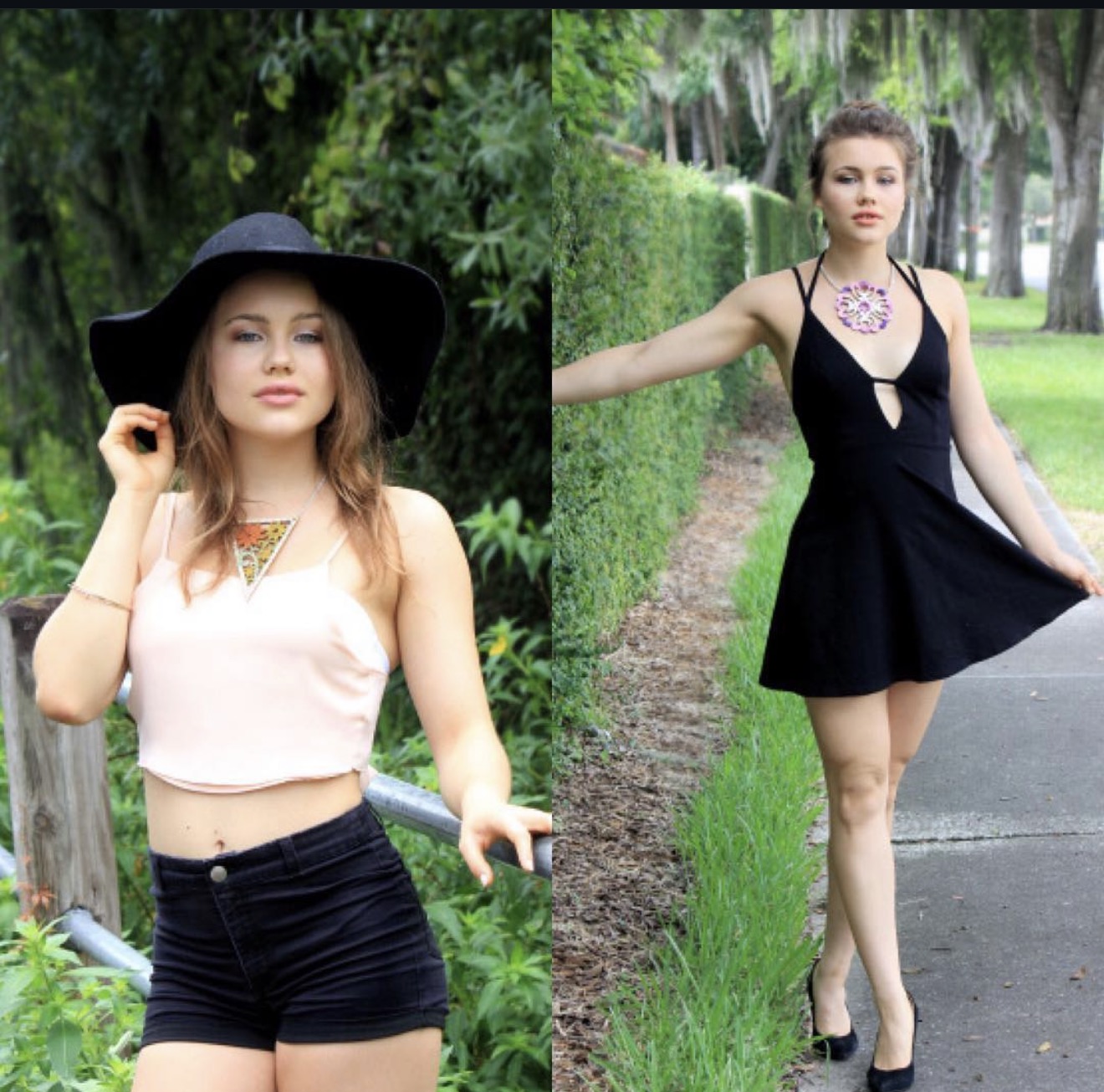 Two women outdoors, one in a large hat and sleeveless top, the other in a black dress with a necklace, walking on a path.