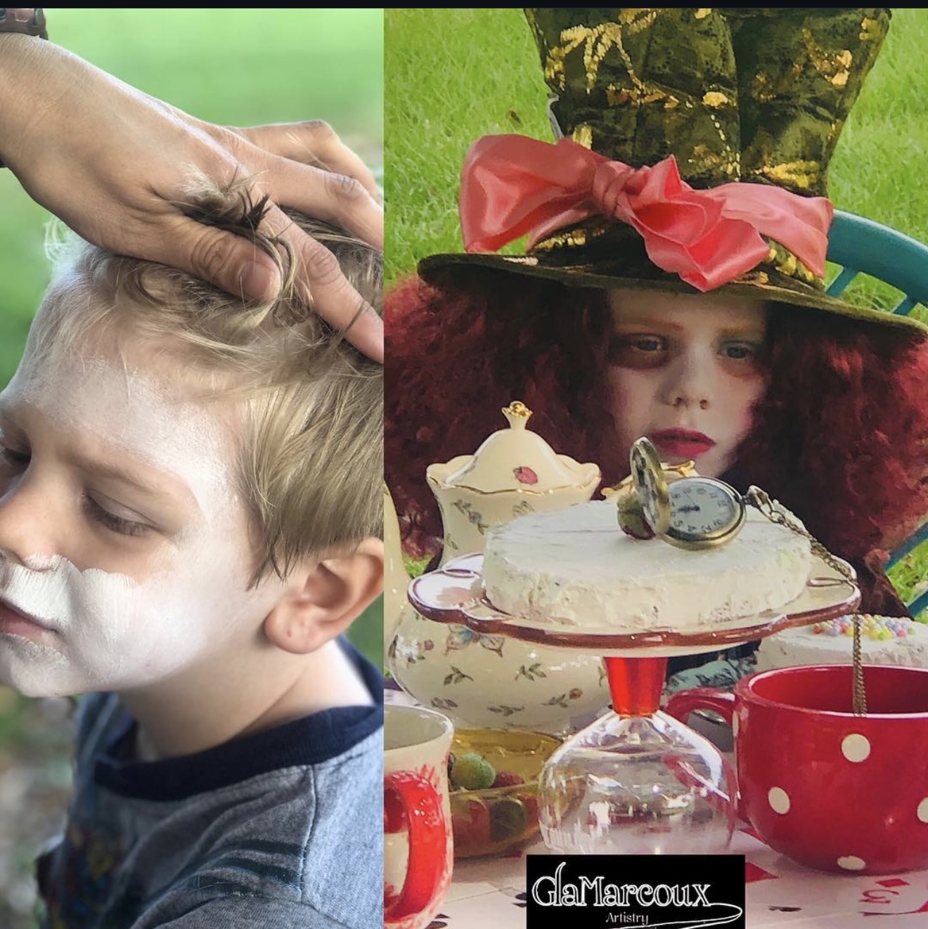 Child getting a face paint applied, and a girl dressed as a witch with a cake and teacup on a table.