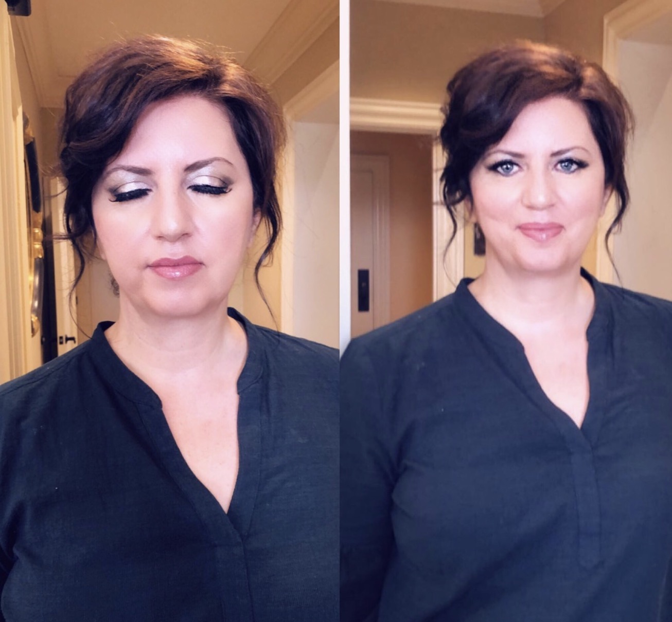 Side-by-side images of a woman with short dark hair, wearing a dark top, in an indoor setting.