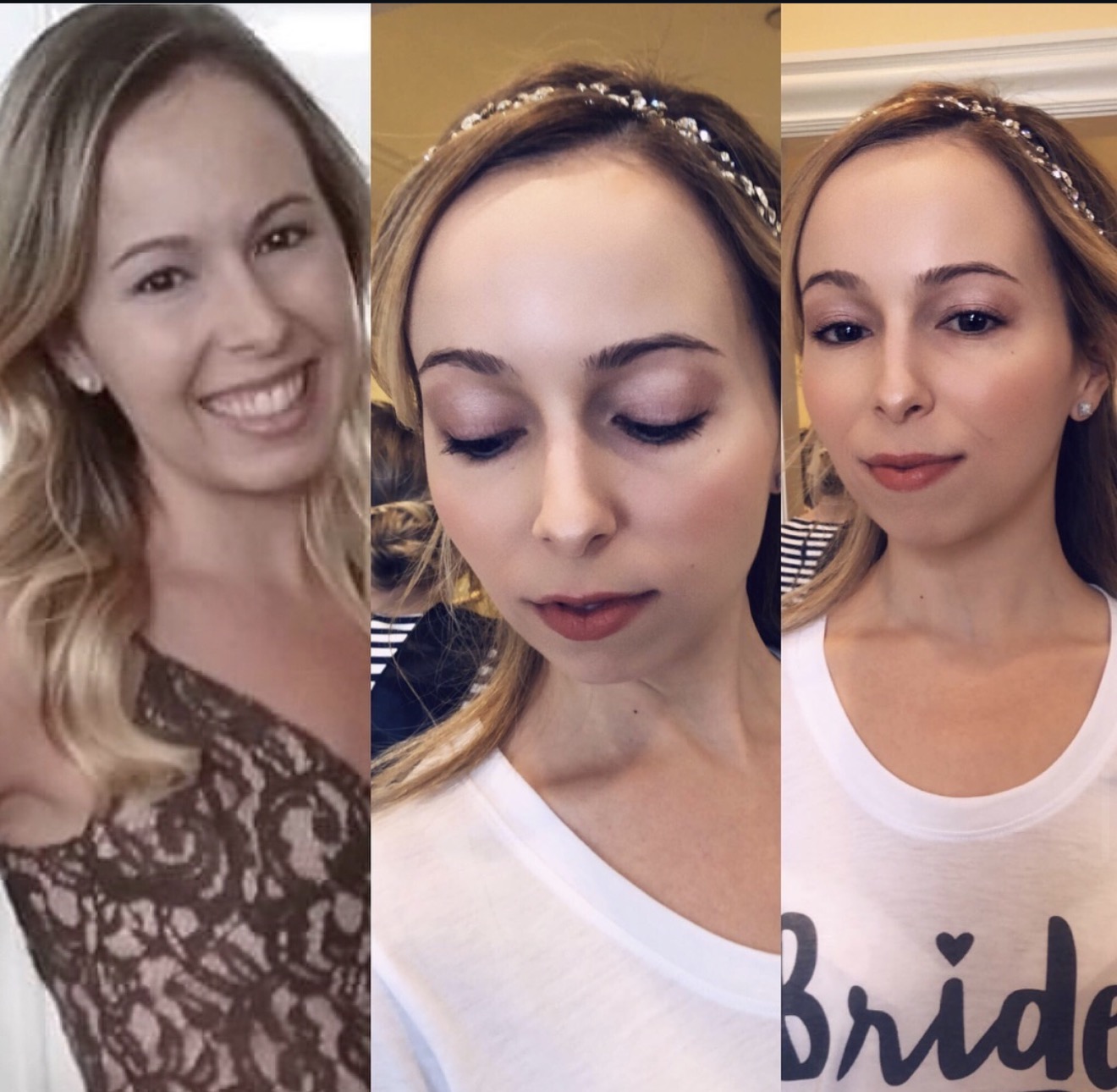 Three women with light skin, smiling and looking down, wearing casual tops and headbands, in indoor settings.