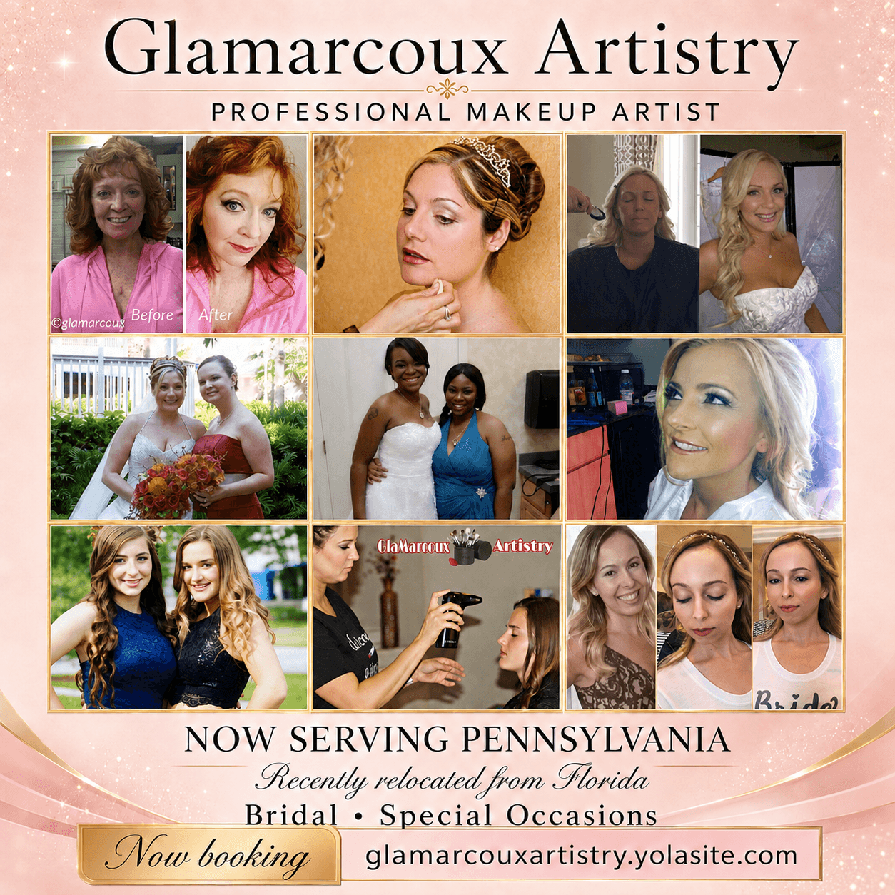 Collage of nine photos of women, makeup artist, and bridal scenes, with text about Glamarcoux Artistry and services.