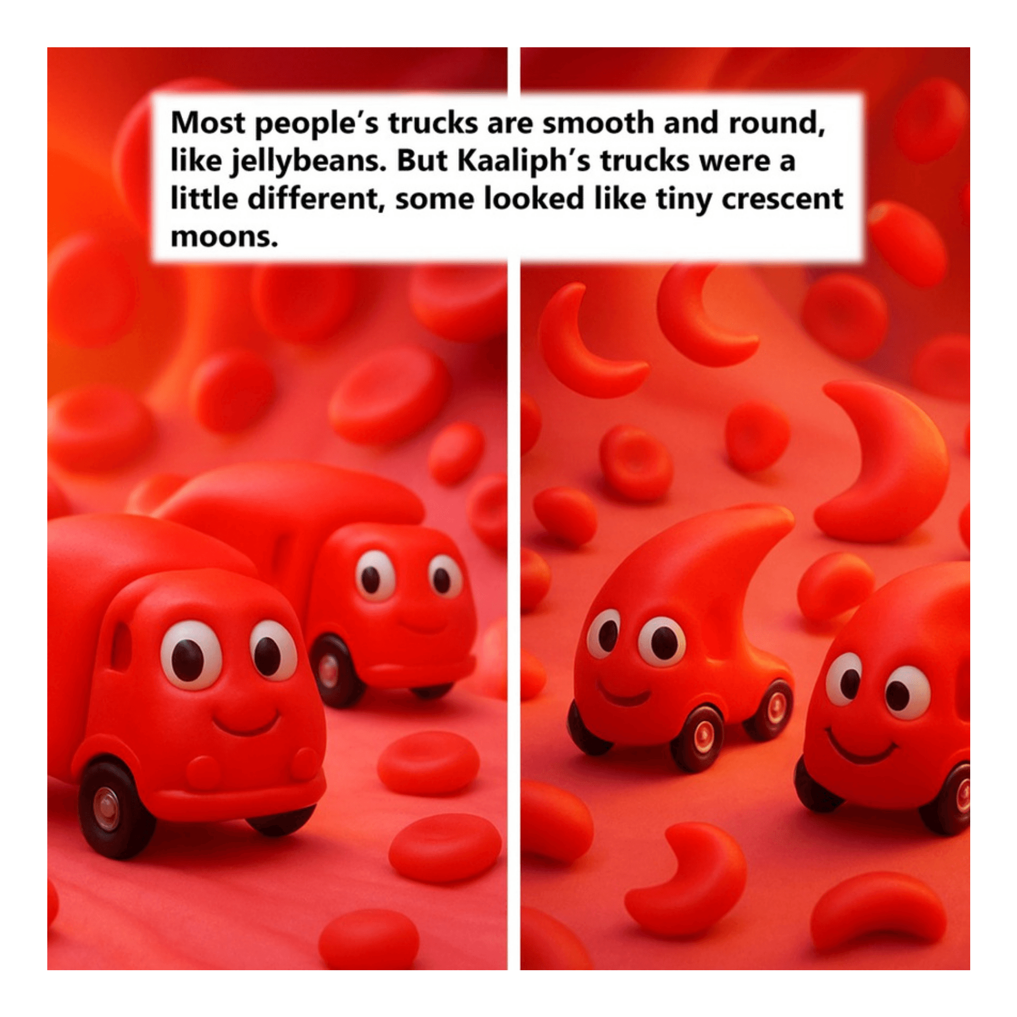 Two red toy trucks with smiling faces on a red background, surrounded by crescent-shaped objects, with text about trucks and crescent moons.