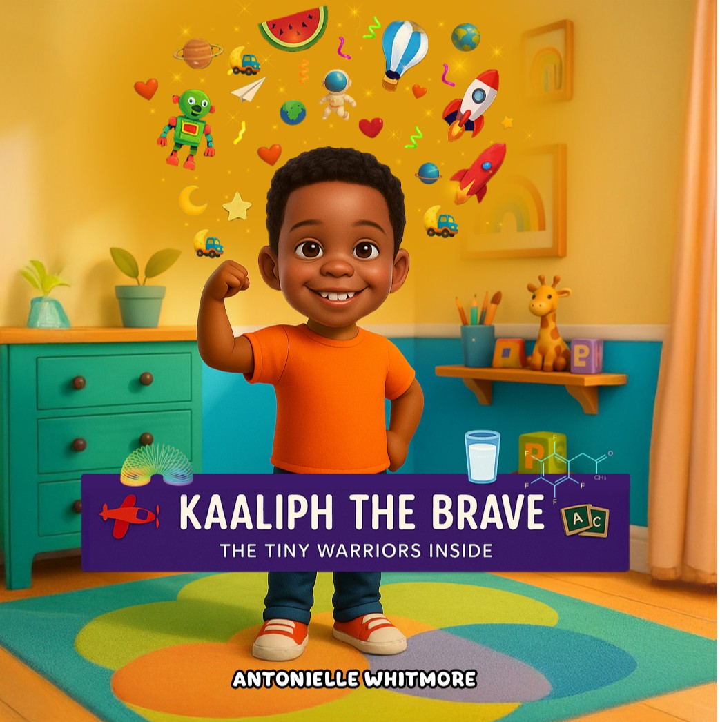 Young boy smiling and flexing arm in colorful room with space-themed decorations, books, and a giraffe toy.