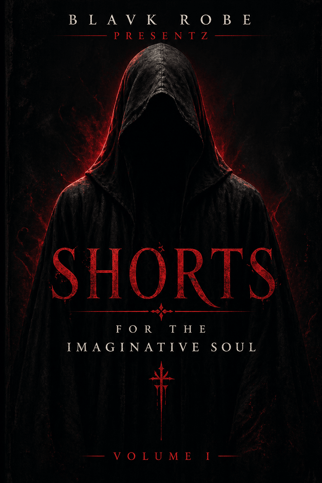 A dark hooded figure with a shadowed face, red glowing outline, and red text reading 'SHORTS' and other words.