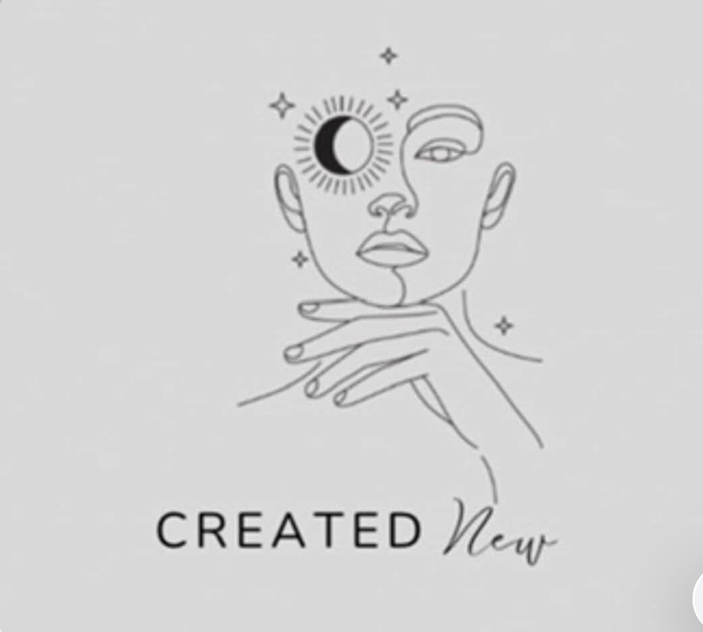 Line drawing of a face with celestial elements, hand resting on chin, and text 'CREATED New'.