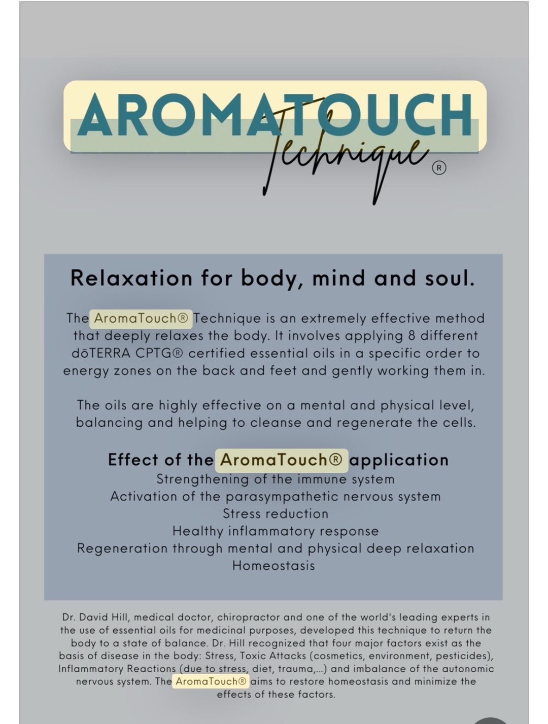 Aromatouch technique logo with text about relaxation, application, and benefits, on a light background.
