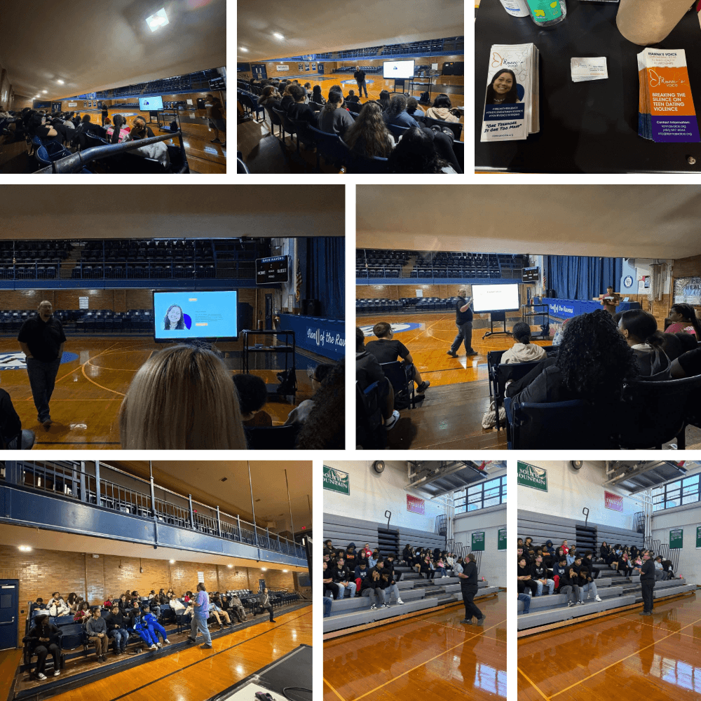 Multiple images of a conference and sports event, including audience, speakers, and presentation screens in a gymnasium and indoor venue.
