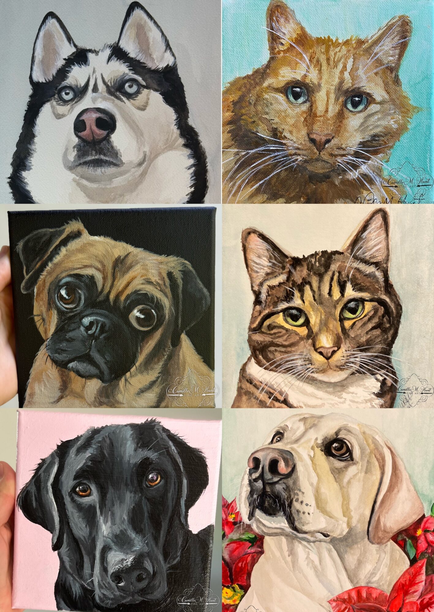 Four animal portraits: husky, cat, pug, tabby cat, black dog, and Labrador, all in different backgrounds.