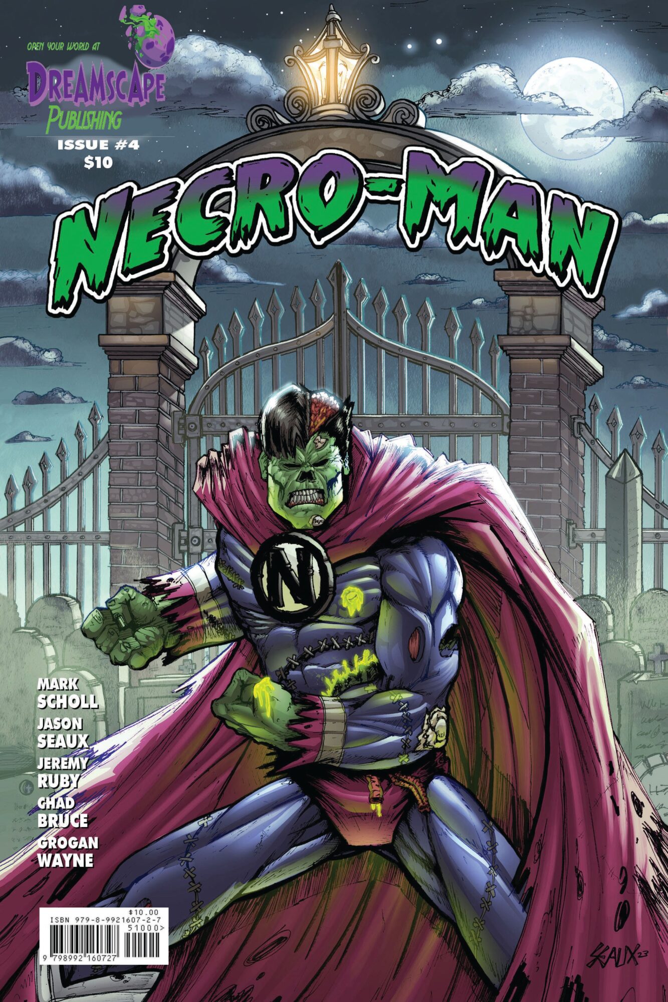 Necronom comic cover featuring a green-skinned superhero with a purple cape, standing in front of a gate at night with a full moon.