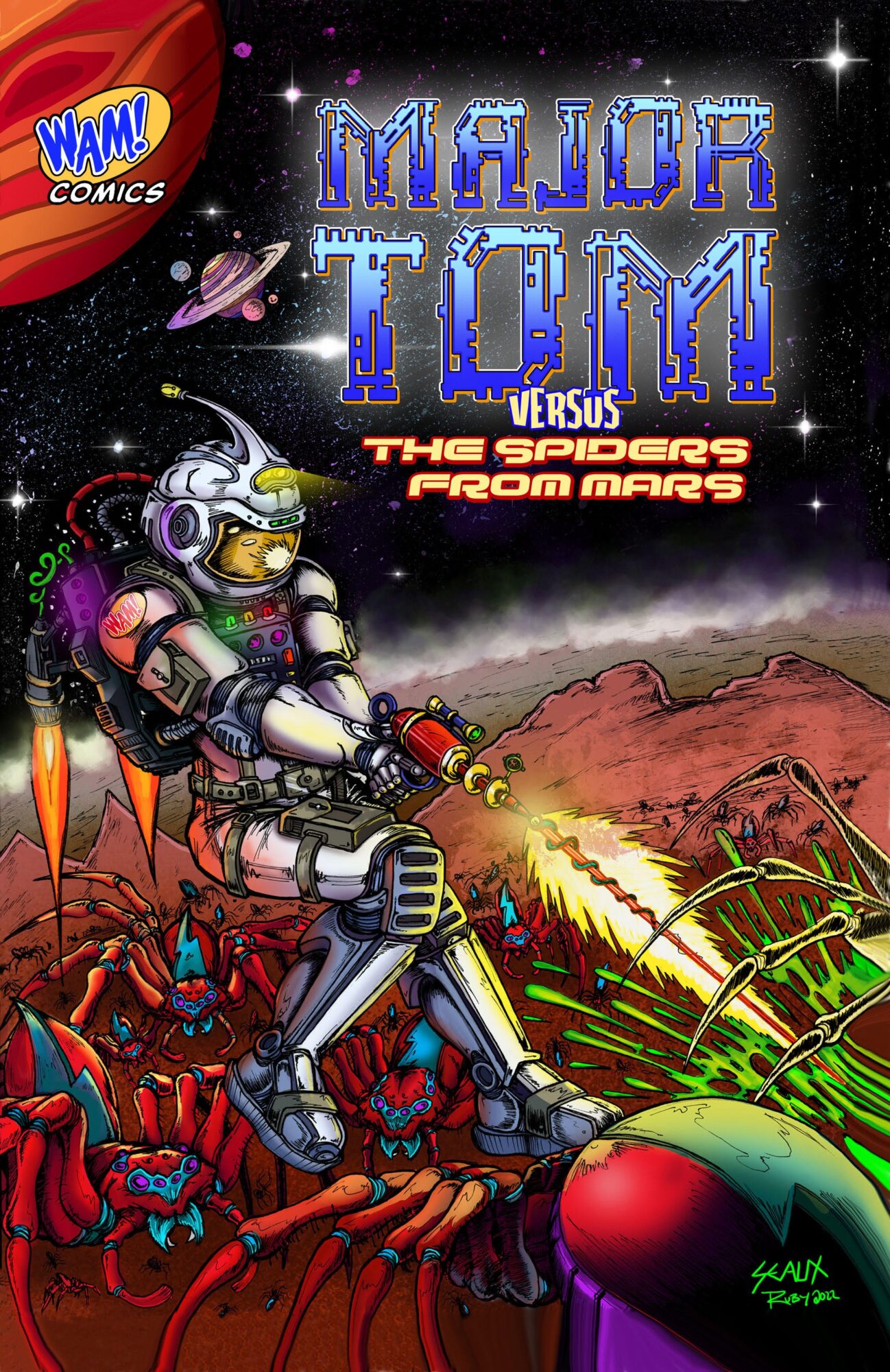 Comic book cover titled 'Major Tom versus the Sods from Mars' featuring an astronaut fighting alien creatures on Mars, with stars and planets in the background.