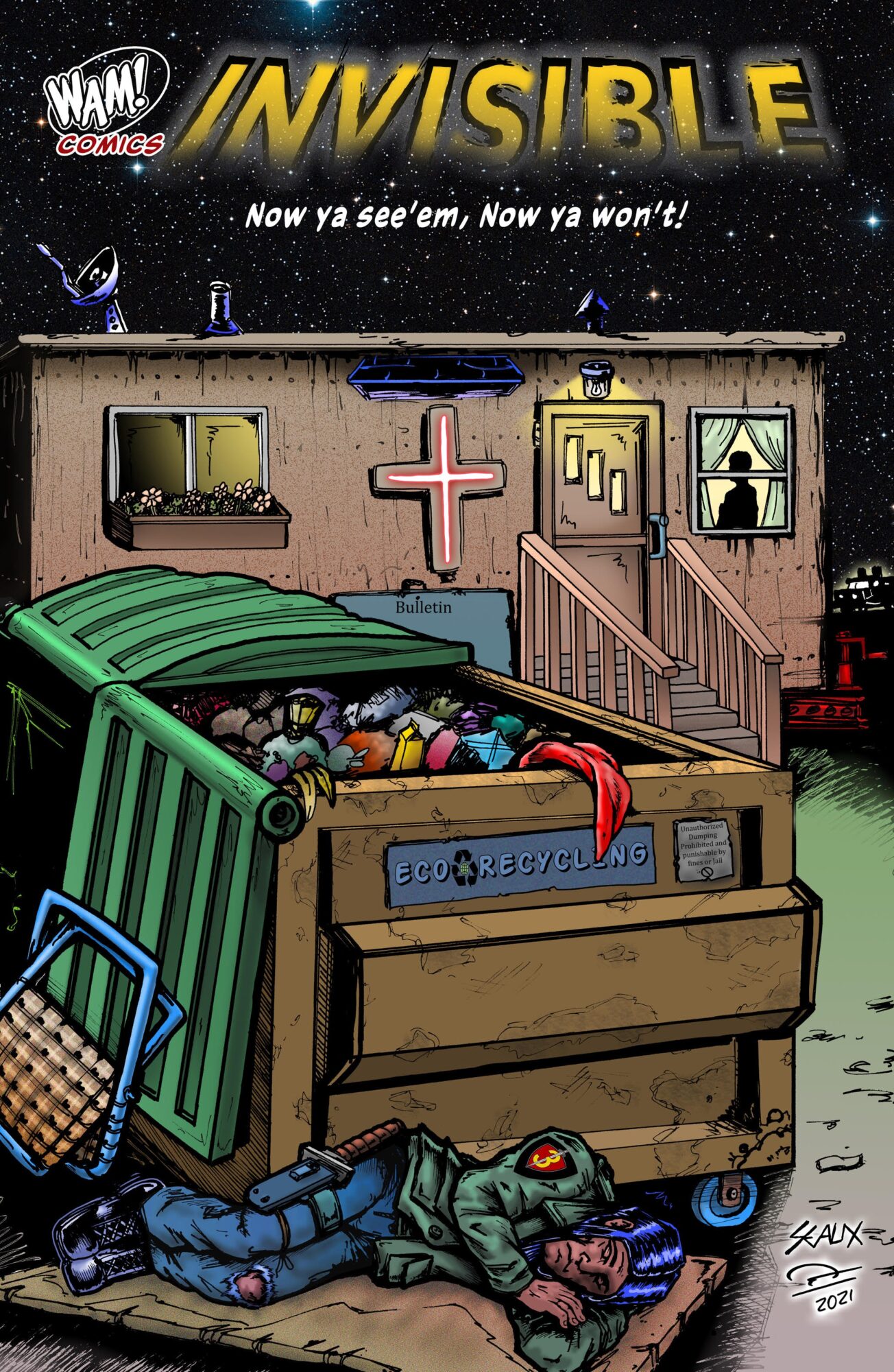 Person lying on the ground outside a building with a dumpster, with a person inside the dumpster and a person on the ground wearing a mask, in front of a building with a cross and stairs, under a starry sky. The word 'INVISIBLE' is at the top.