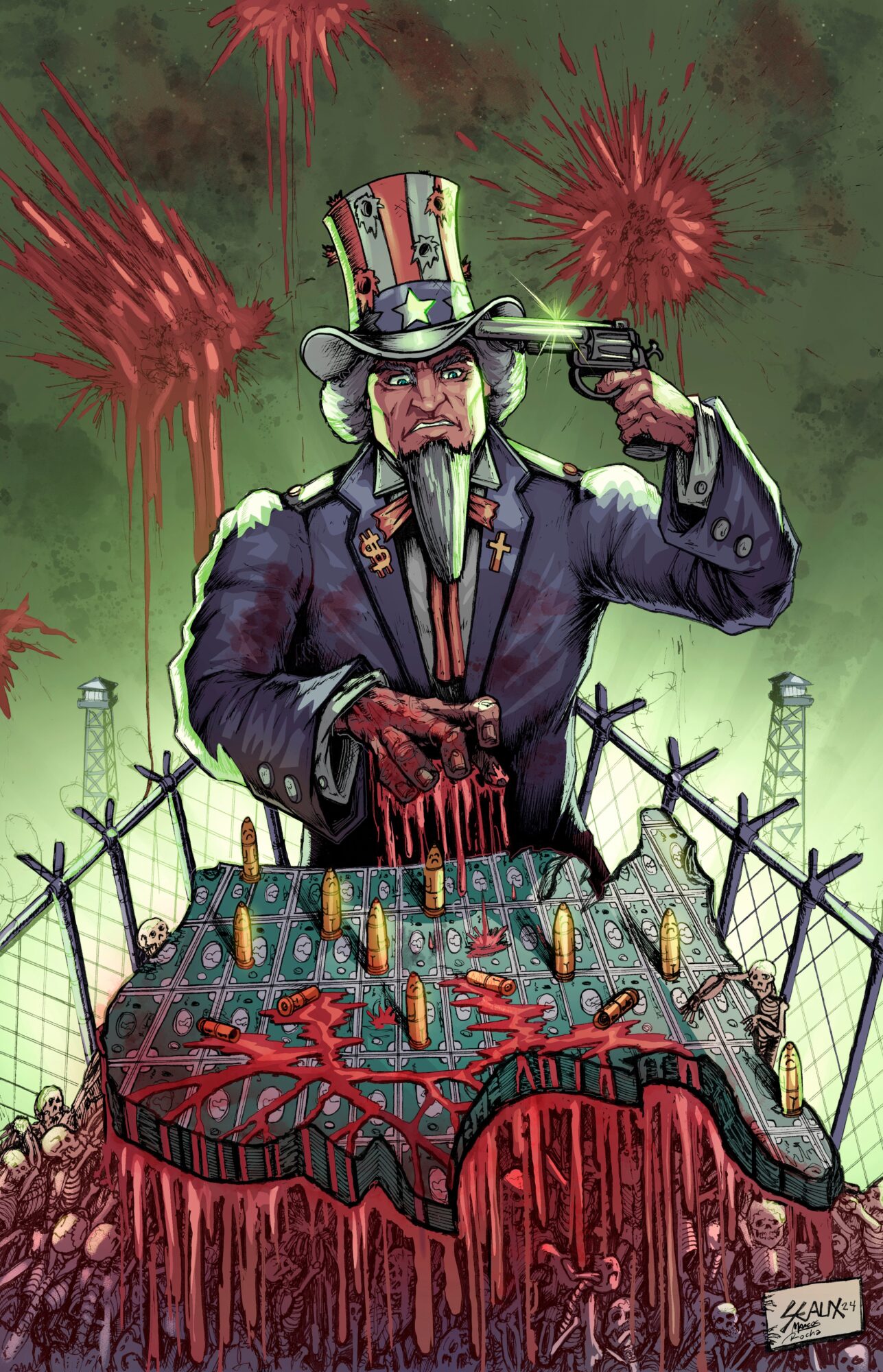 A caricature of Uncle Sam with a gun to his head, standing behind a bloodied, broken American flag on a table, with a green background and red explosions.