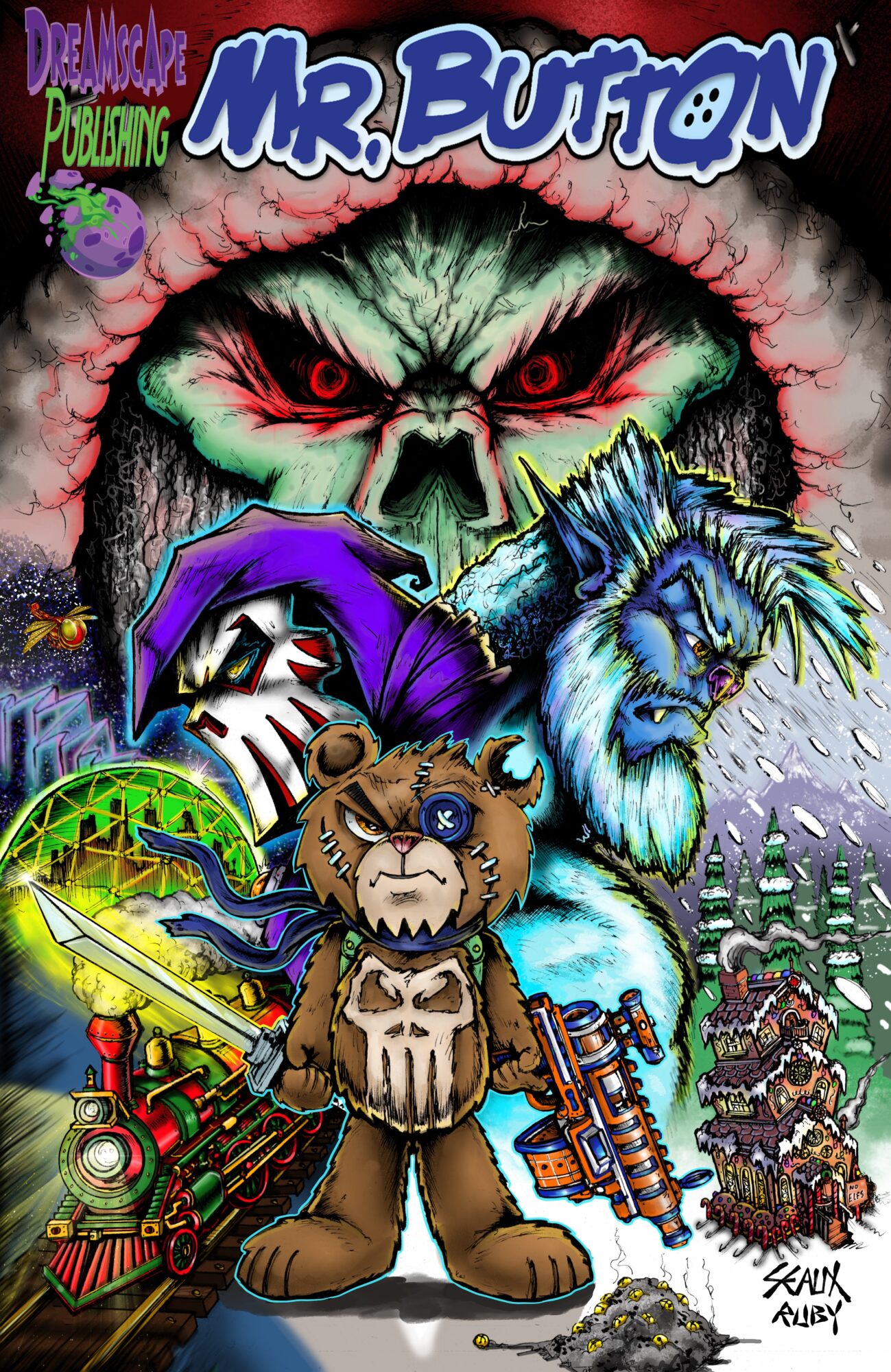 Group of characters including a bear with a gun, a blue creature, a skull with a purple hood, and a large menacing face in the background, with snowy trees and a dark sky.