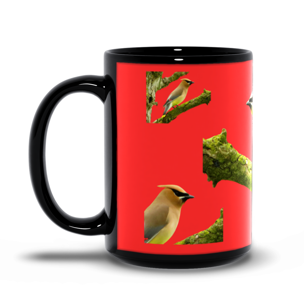 Mug with images of birds and branches on a red background.