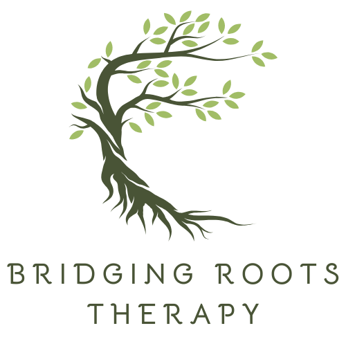 Tree with green leaves and roots, with text 'Bridging Roots Therapy' below, on a black background.