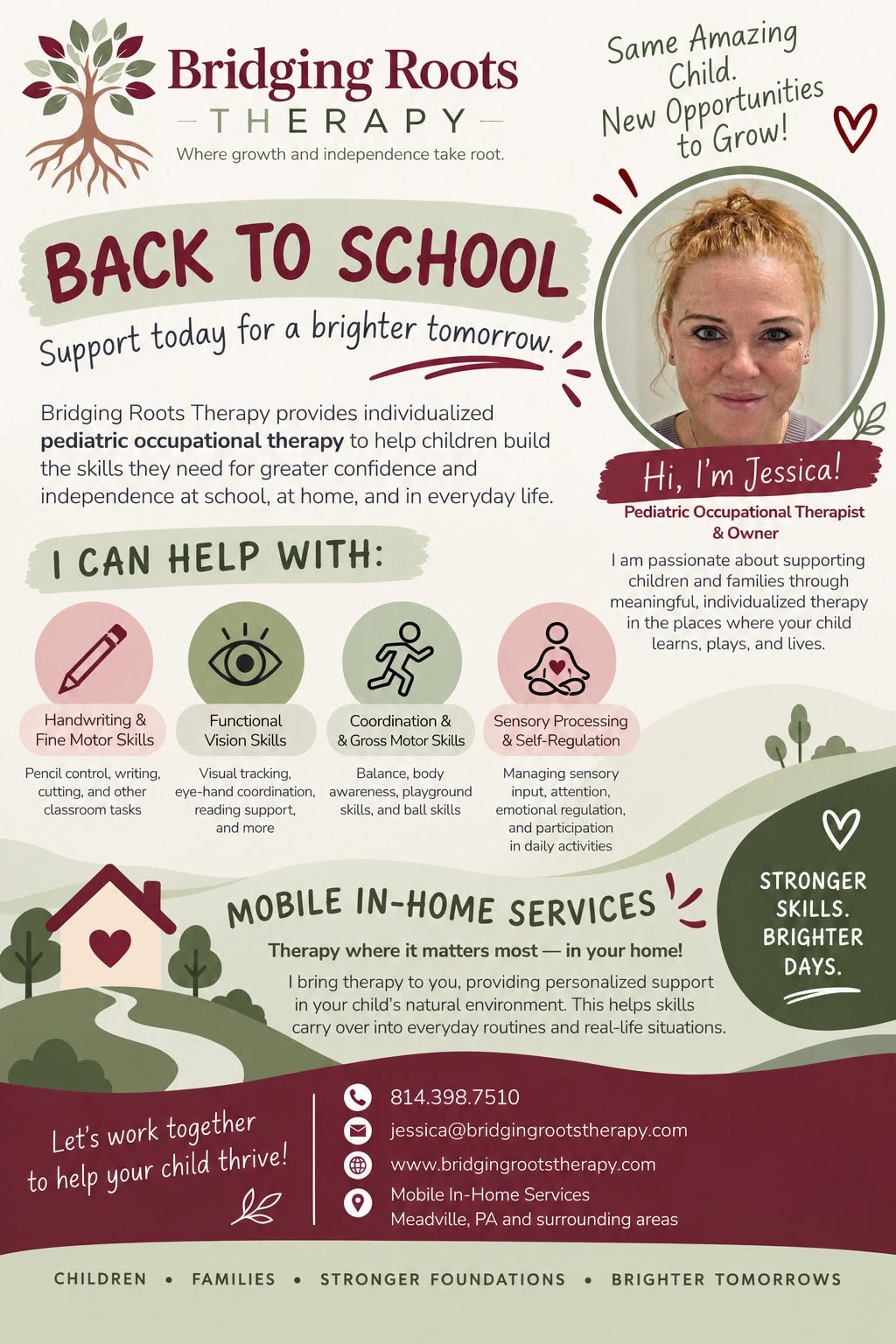 Back to school poster with children, trees, and text about therapy and support services, including contact information.