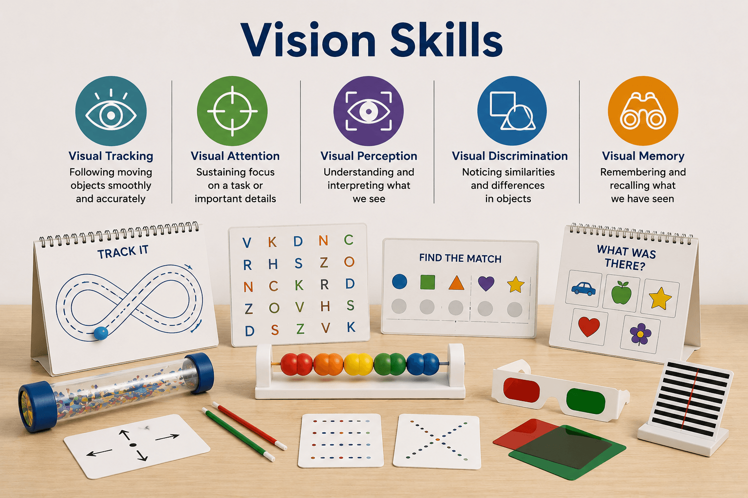 Educational display titled 'Vision Skills' with visual tracking, attention, perception, discrimination, and memory icons, and various learning tools.
