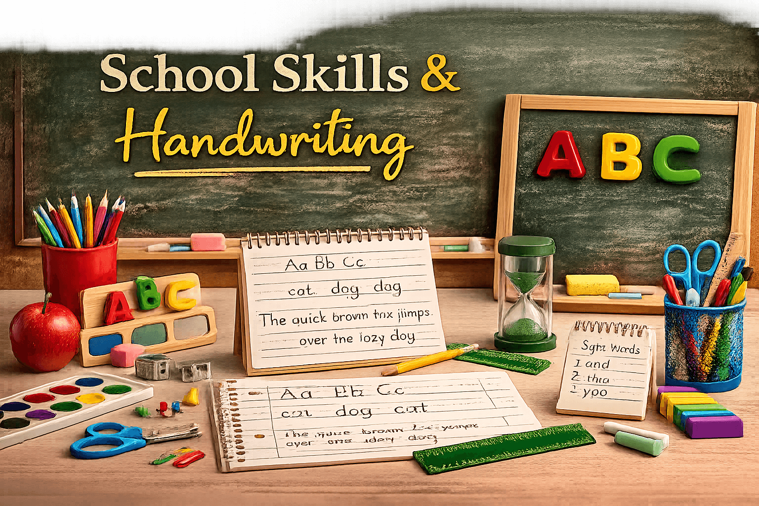 School skills and handwriting display with chalkboard, colorful letters, notebooks, and stationery on desk.
