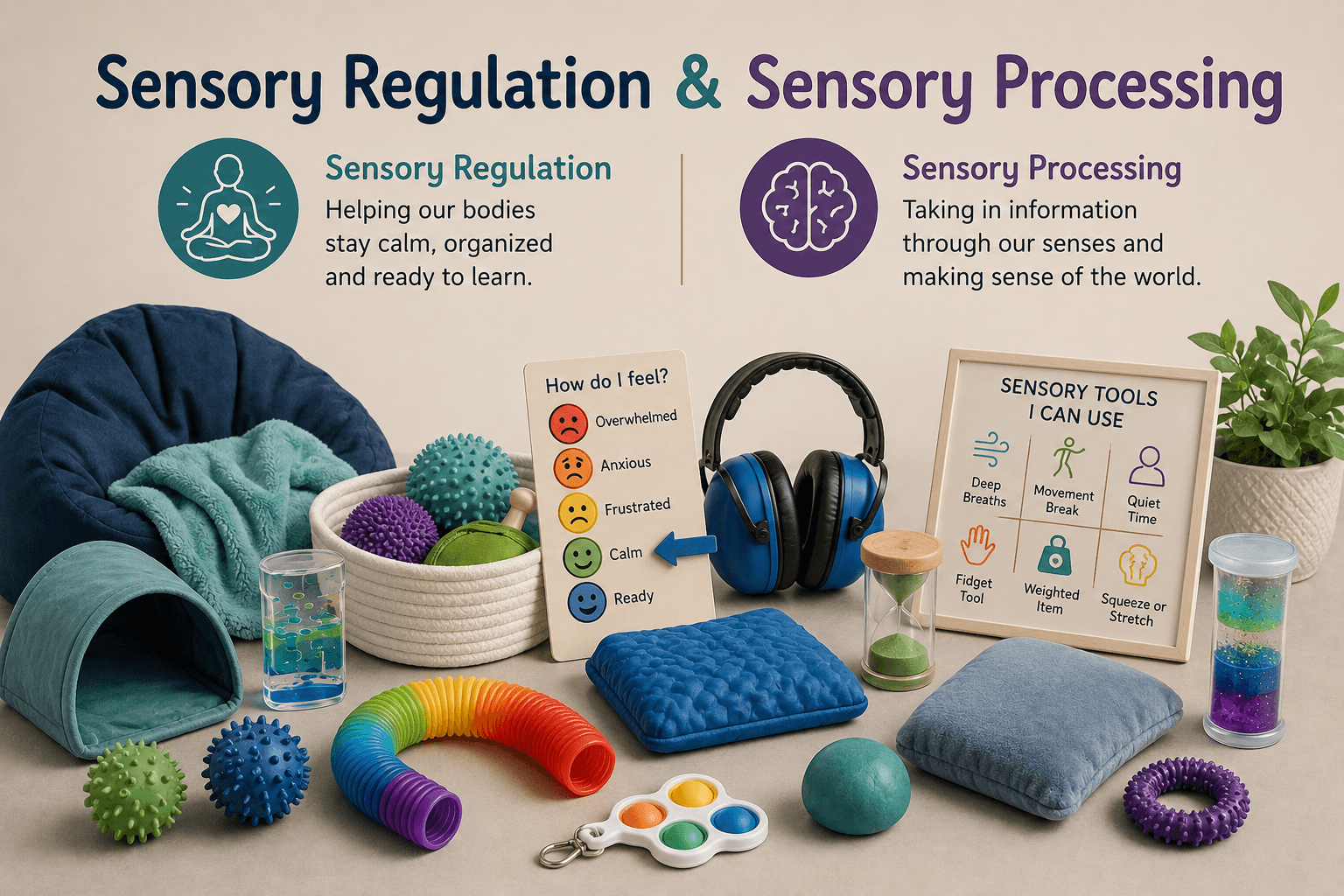 Sensory regulation and processing tools including textured fabrics, spiky balls, headphones, and colorful objects on a table.