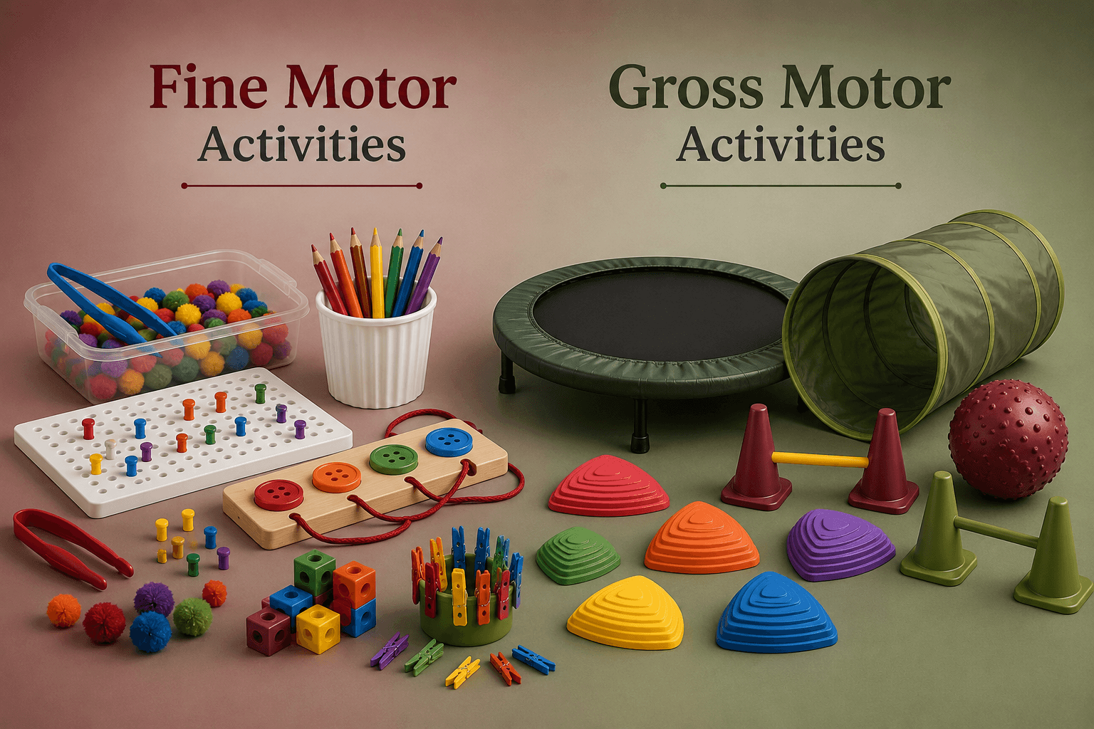 Educational toys and activities for fine motor and gross motor skills, including balls, cones, and colorful objects.