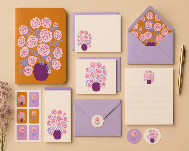 Set of stationery with purple and pink floral designs, including notebooks, cards, envelopes, and decorative buttons, arranged on a beige background.