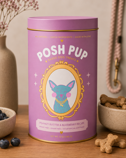 Pink cylindrical container with a dog illustration inside a gold frame, labeled 'POSH PUP' and flavor details, on a table.
