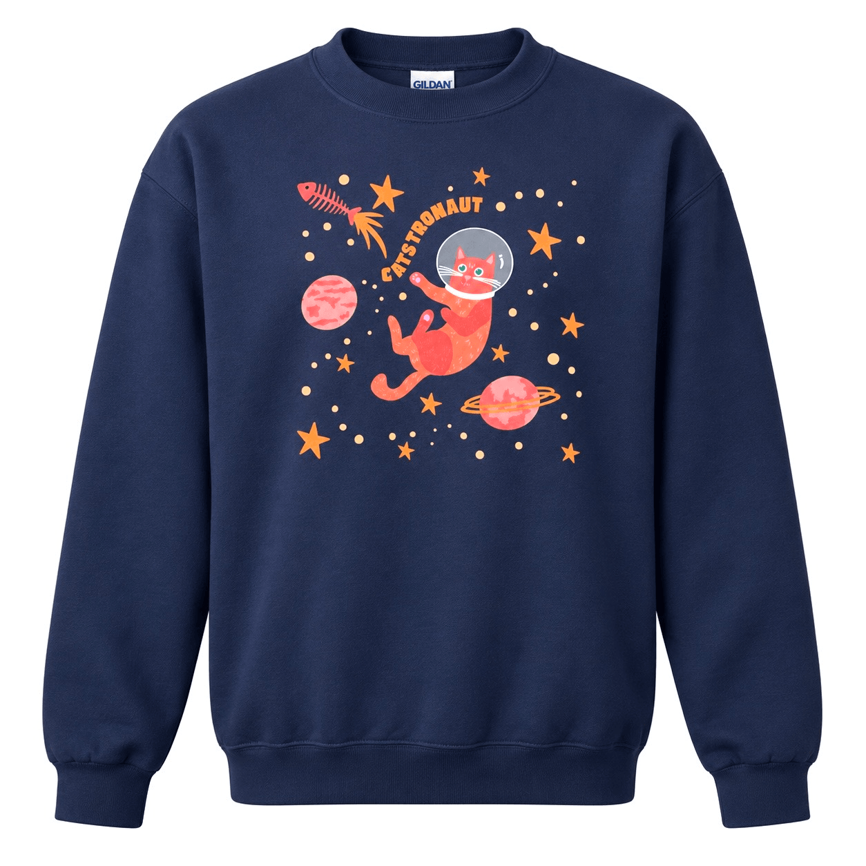 Navy sweatshirt with a space-themed design featuring a smiling astronaut cat, planets, stars, and a rocket.