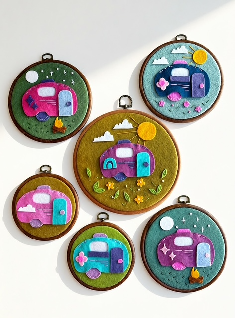 Six embroidered circular patches with colorful camper van designs, clouds, sun, and stars, arranged on a white surface.