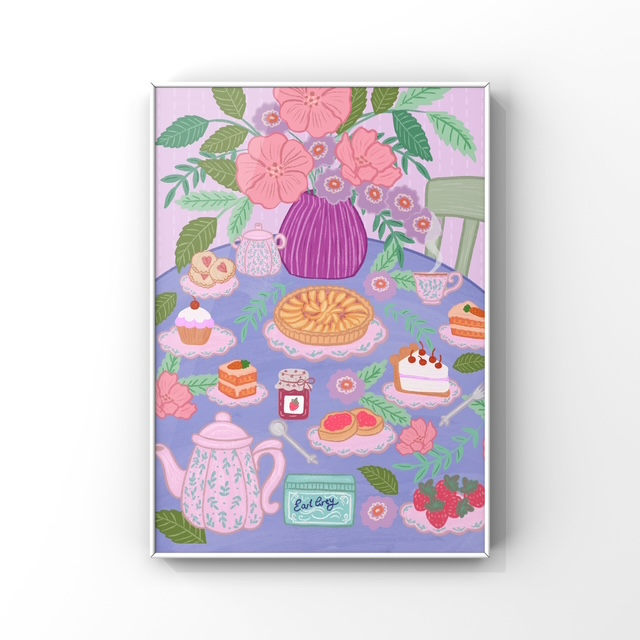 Colorful illustration of a table with desserts, a teapot, flowers, and a card, in pastel colors.