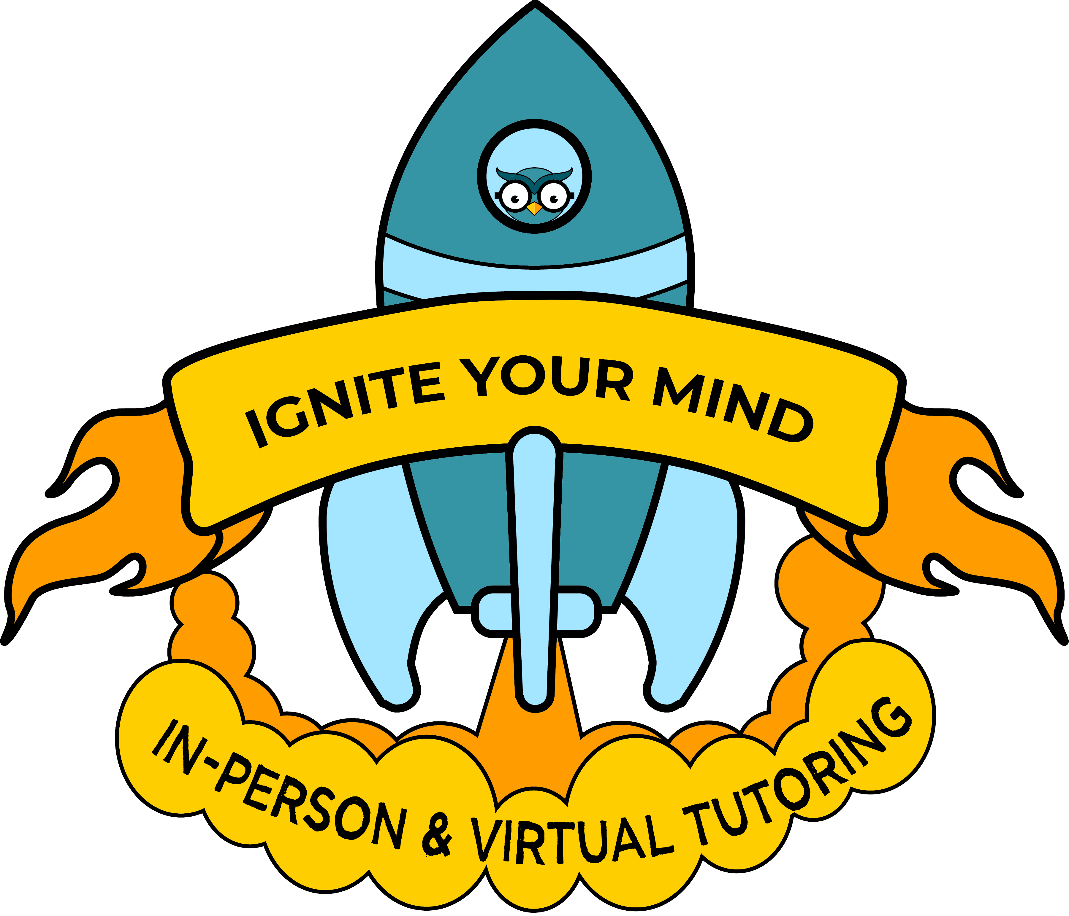 Rocket with glasses and flames, yellow banner with text, promoting tutoring and mental stimulation.