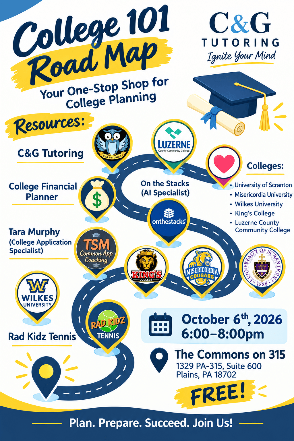 College 101 Road Map flyer with resources, colleges, and event details, including date, time, location, and free entry.