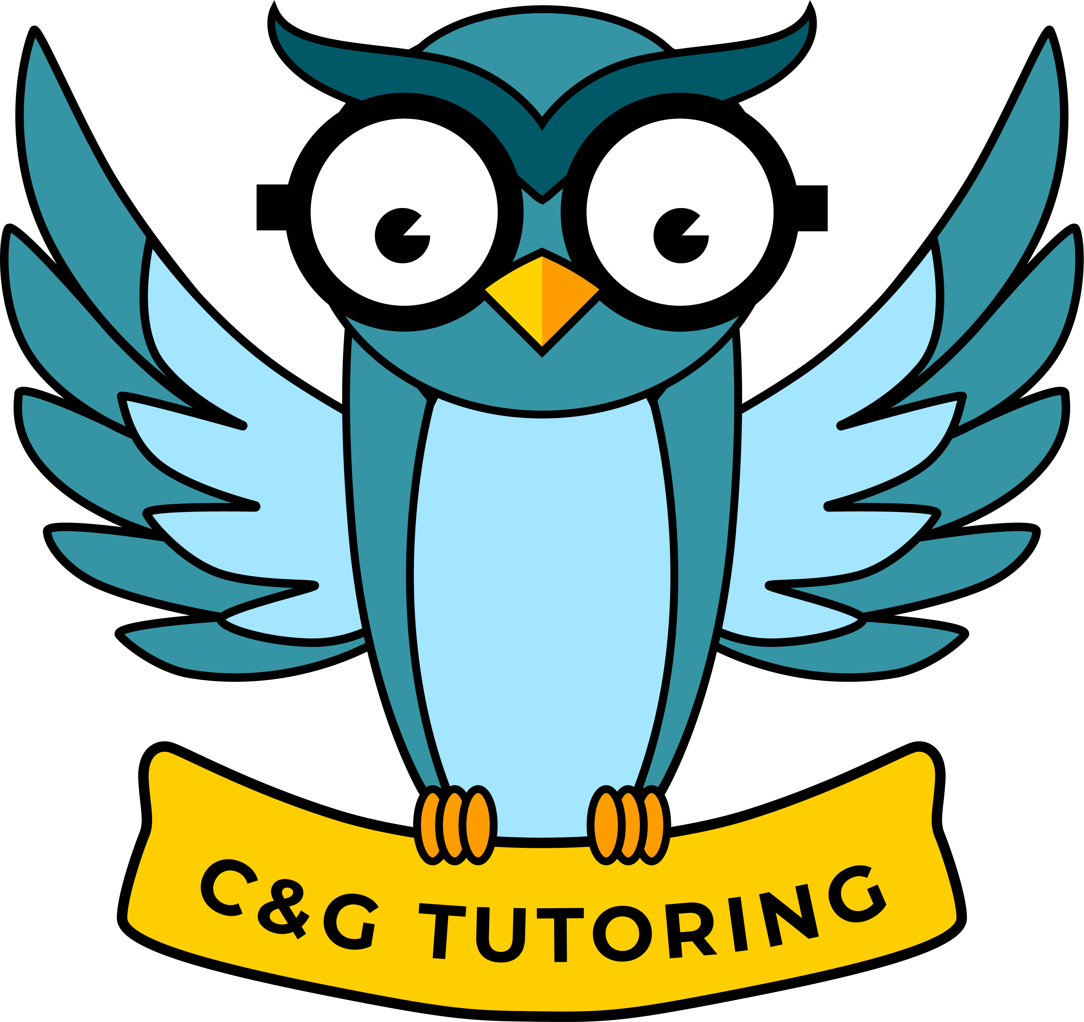 Cartoon owl with glasses and spread wings, holding a yellow banner with 'C&C TUTORING' text.