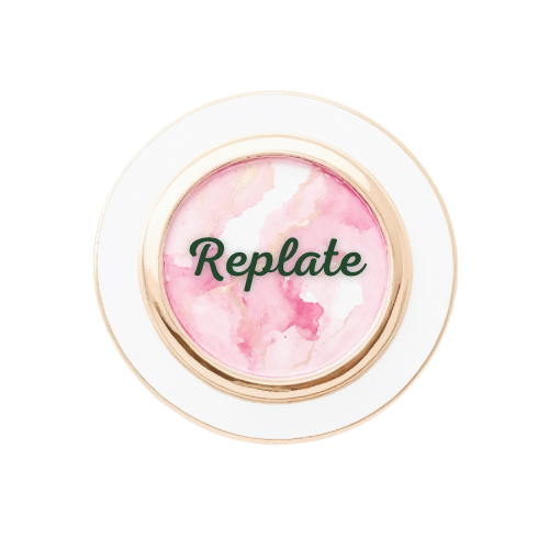 A round container with pink watercolor inside, labeled 'Replate' in green text, on a white background.