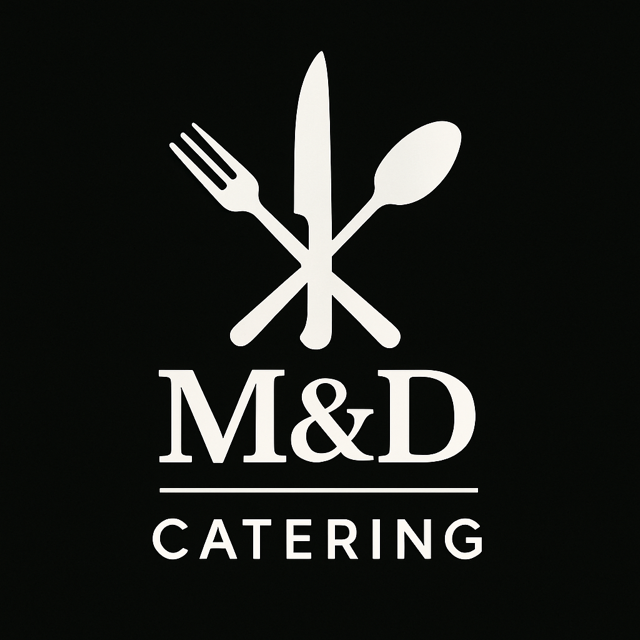 Logo with a fork, knife, and spoon crossed above the text 'M&D CATERING' on a black background.