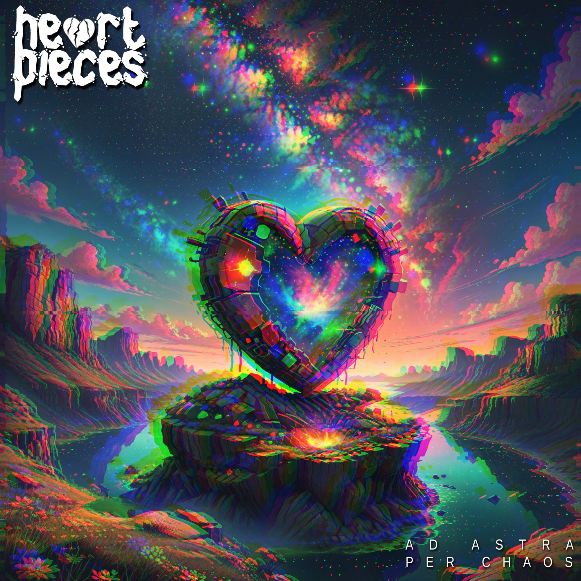 Colorful heart-shaped mosaic on a rocky island with a starry sky and vibrant Milky Way above, reflecting in water.
