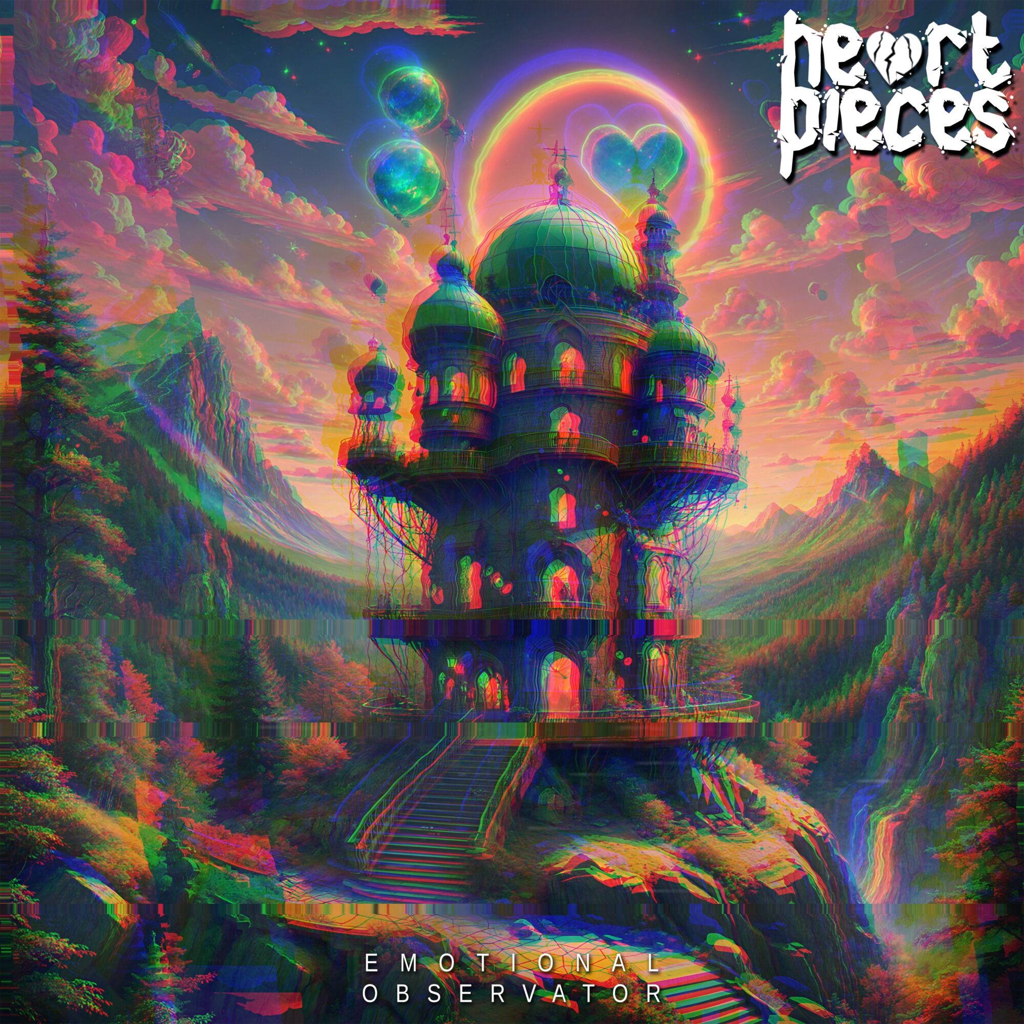 Colorful fantasy castle on a mountain with vibrant sky and rainbow heart, titled 'heart pieces', digital art.