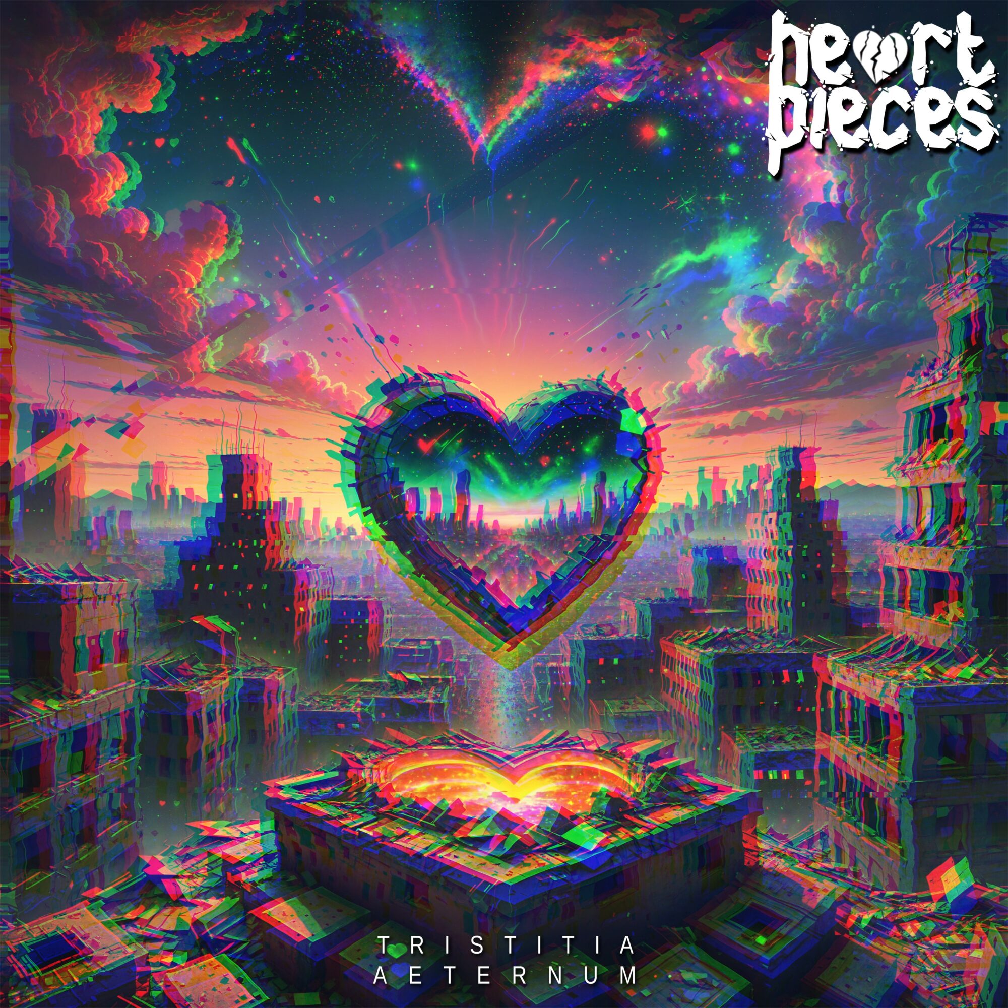Colorful cityscape with a glowing heart-shaped object in the sky and vibrant clouds, with text 'heart pieces' and 'TRISTITIA AETERNUM'.