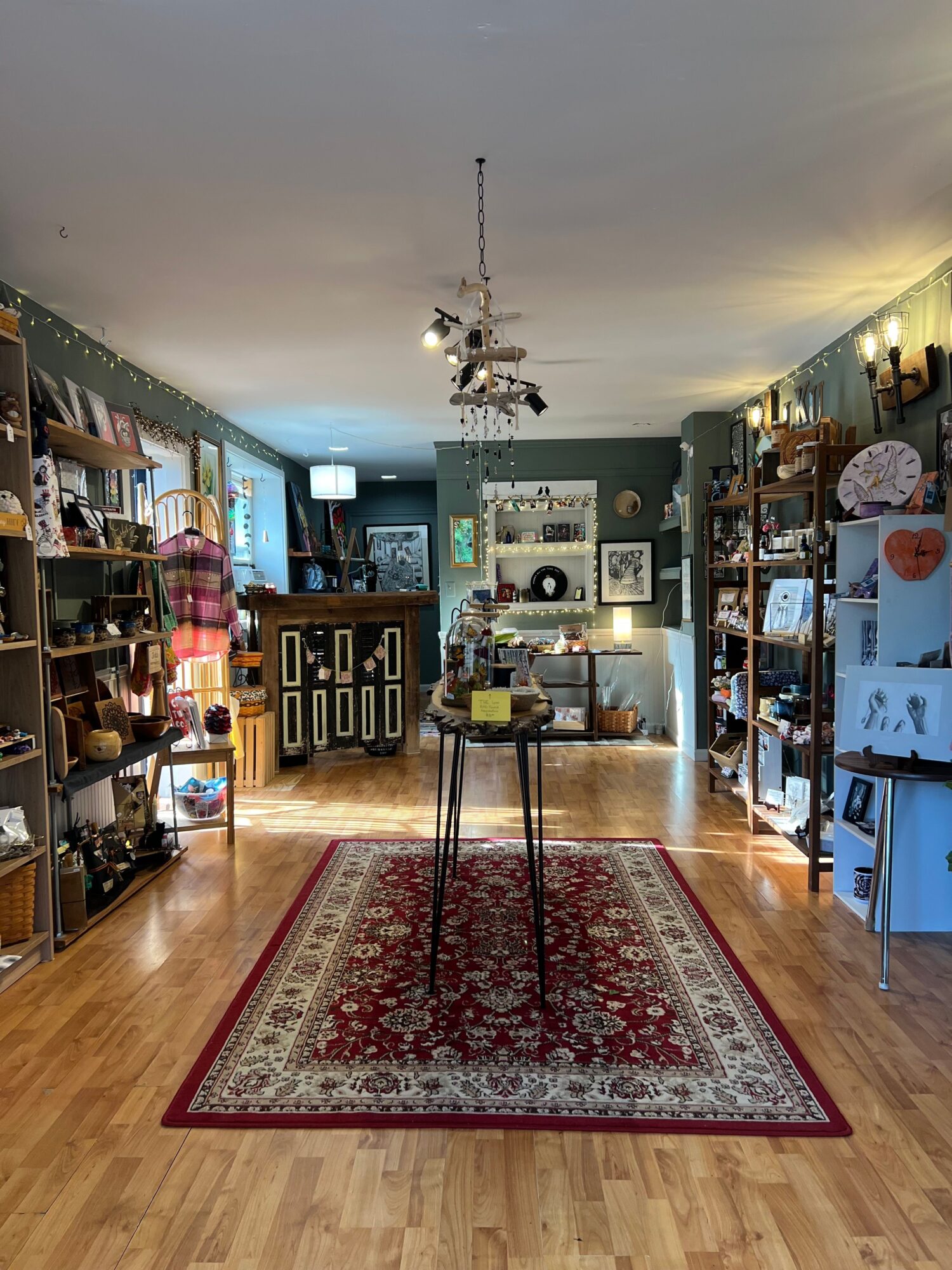 Living room with a red patterned rug, wooden floor, bookshelf, and various decorations, viewed from the ceiling chandelier.