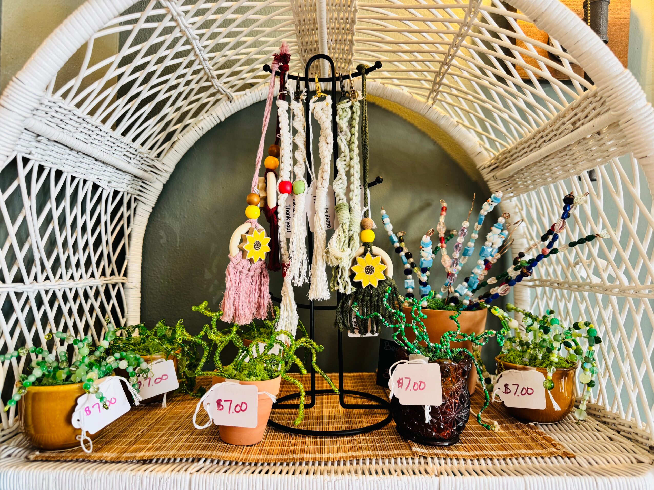 Decorative plant and jewelry display inside a woven basket with potted plants and accessories, viewed from above.
