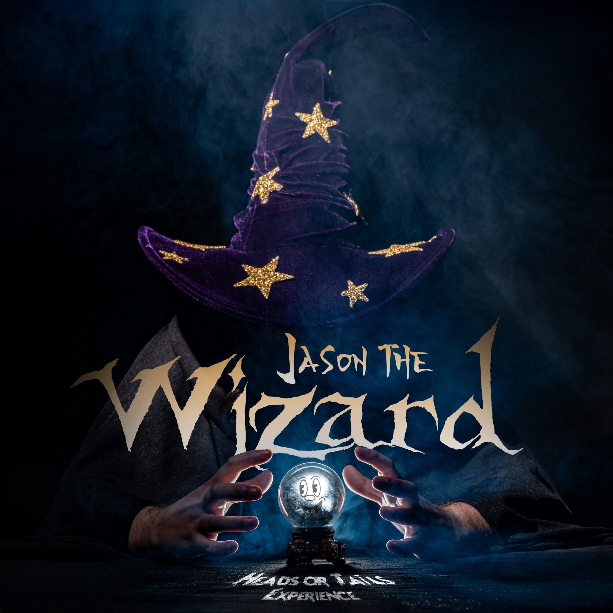 Person in a wizard hat with stars, holding a crystal ball, with text 'Jason the Wizard' and a dark background.