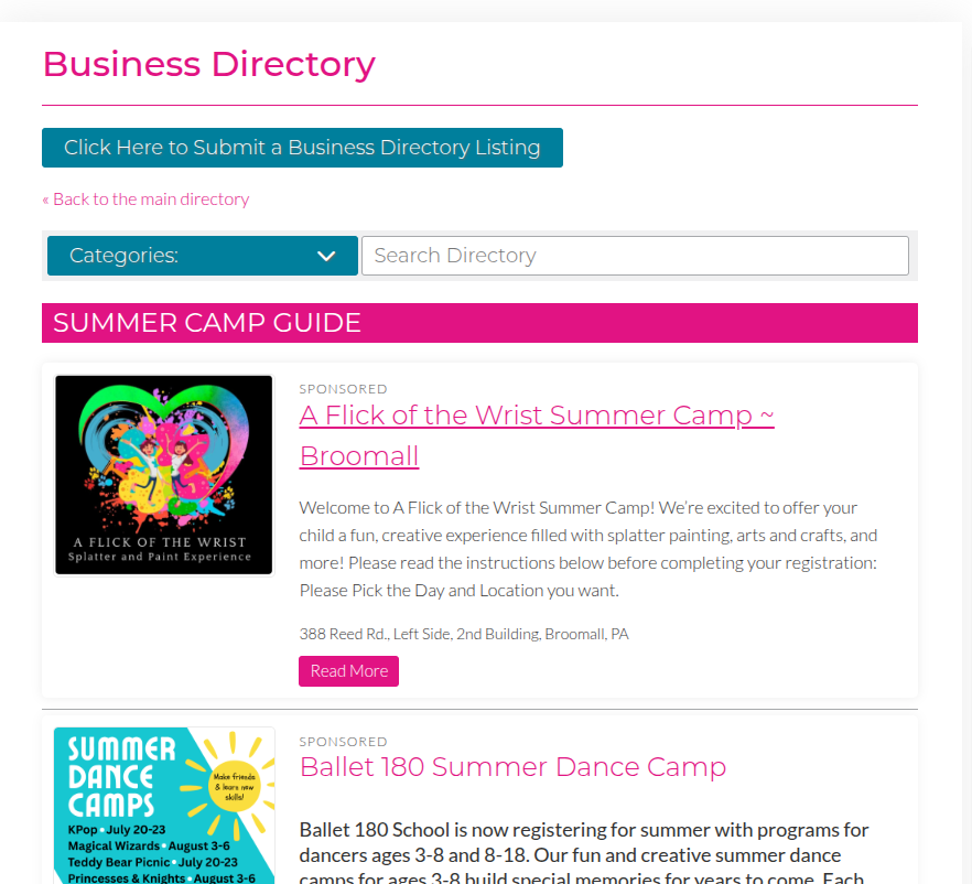 Screenshot of a business directory webpage with categories, a summer camp guide, and sponsored event listings.