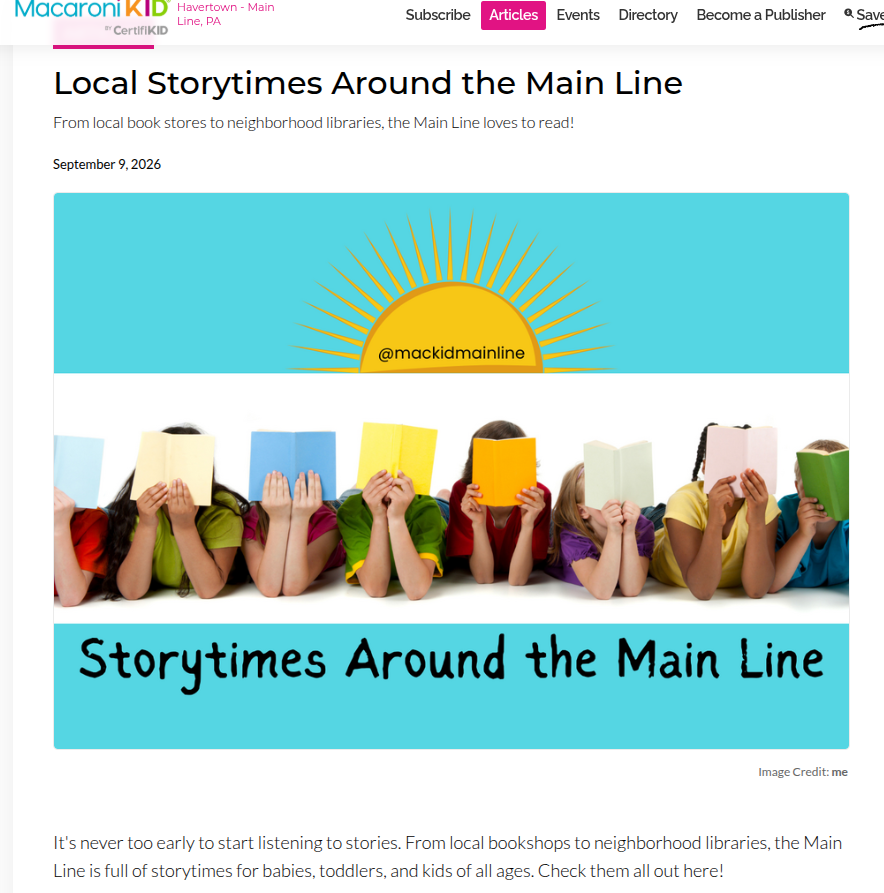 Children holding books in front of their faces, with a sun illustration and text about storytimes around the main line.