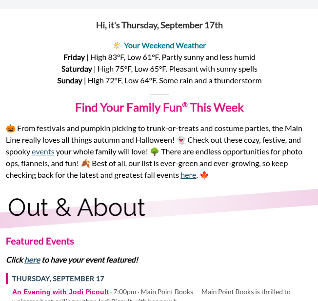 Text about weekend weather, family activities, events, and featured events, with colorful headings and emojis.