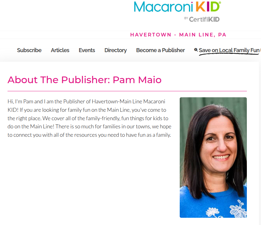 A woman with long dark hair smiling, wearing a blue shirt with white floral patterns, in a webpage about Pam Maio.