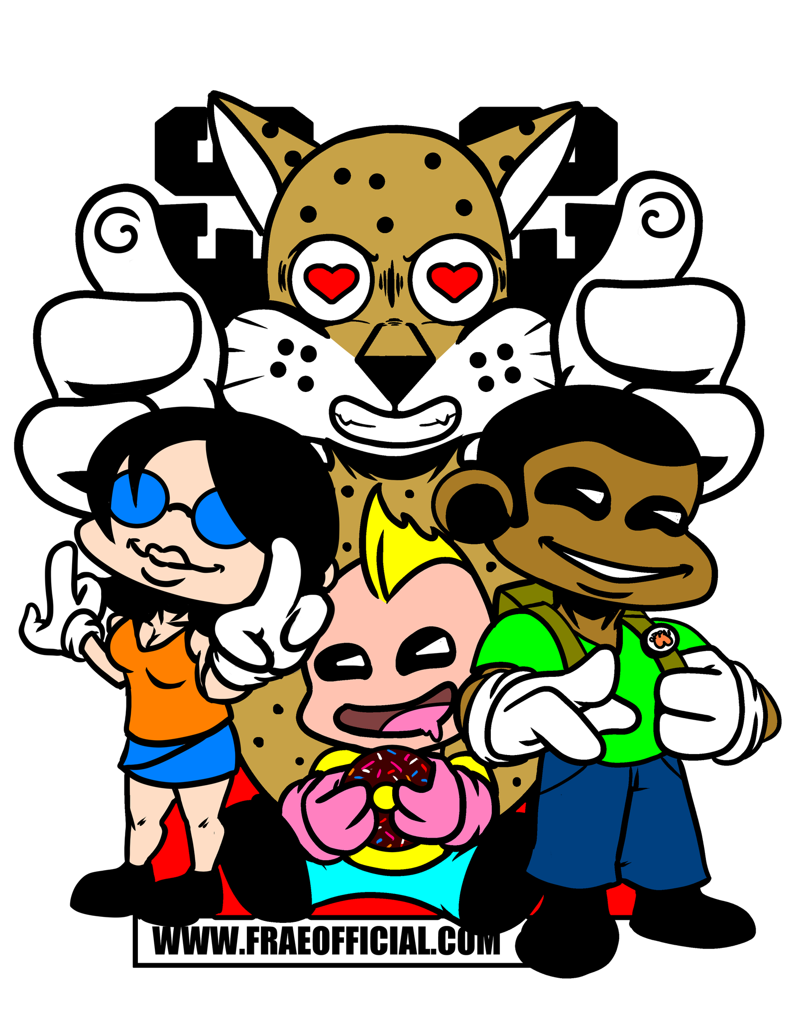 Four cartoon characters, including a cheetah, a girl with glasses, a pink creature, and a boy with headphones, smiling together.