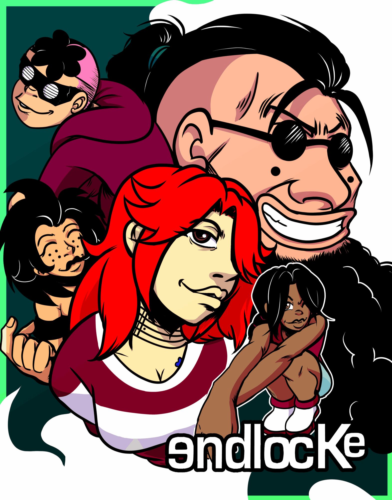 Four animated characters with distinct hairstyles and expressions, with the word 'andlocke' at the bottom.