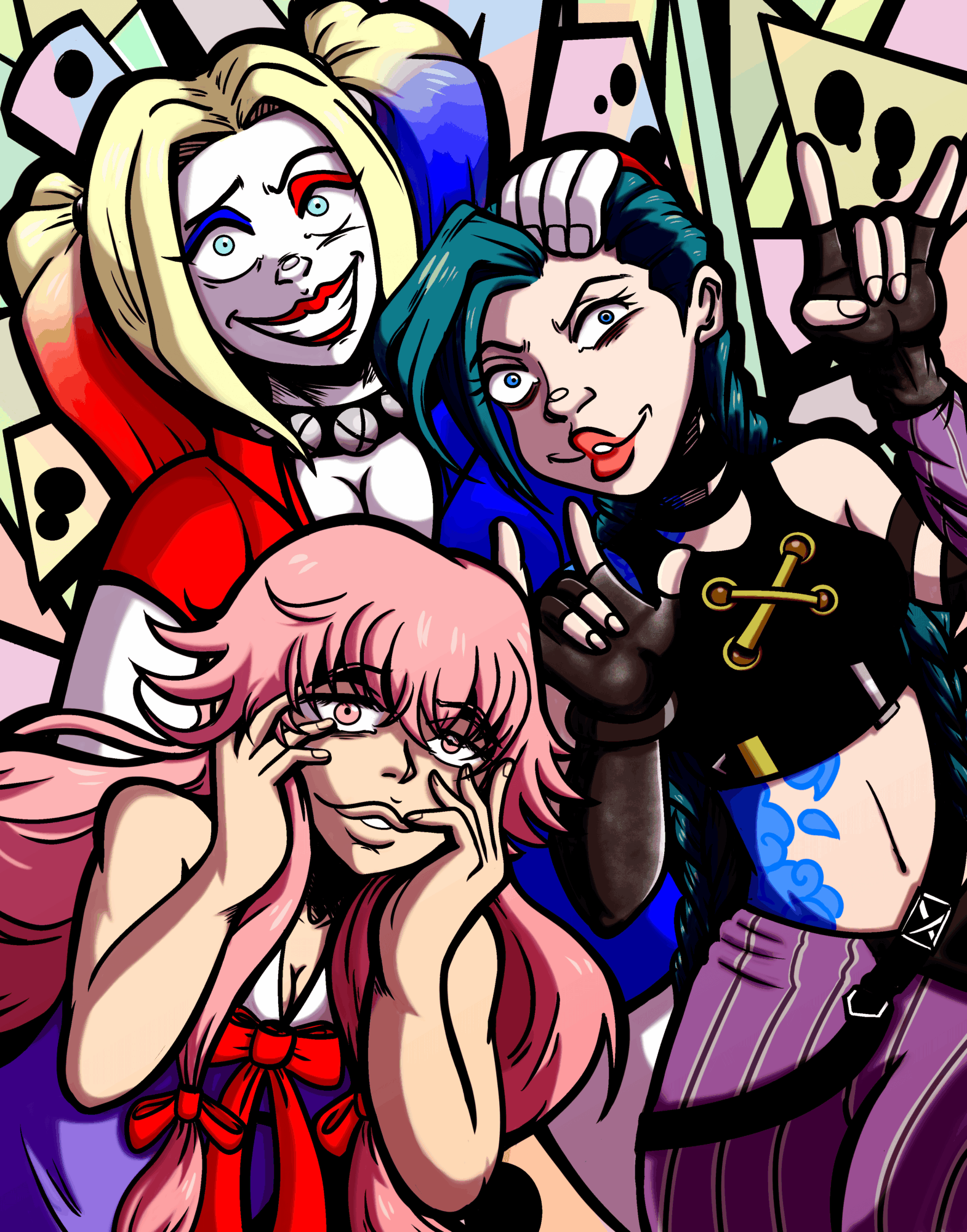 Three animated women with colorful hair and makeup, surrounded by playing cards, posing playfully with peace signs and smiles.