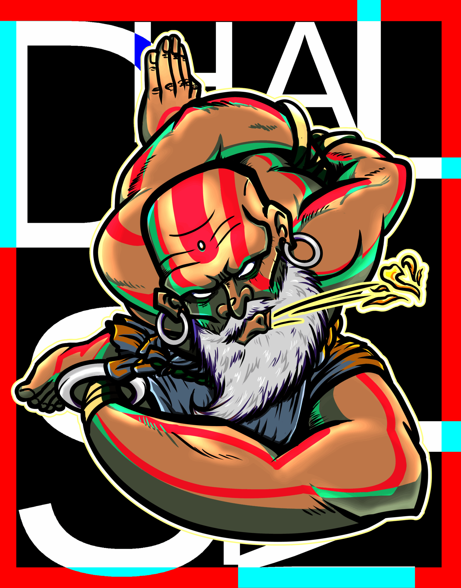 A colorful illustration of a muscular character with a beard, earrings, and a headband, in a dynamic pose with a background of bold text and colors.